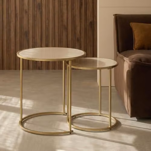OHS Modern Round Nest of 2 Side Tables in Brown, Gold and Beige