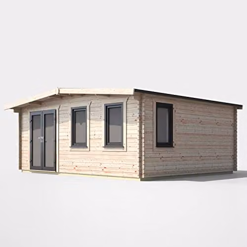 Powersheds Premium Apex Chalet Log Cabin in Natural Brown with Double Doors, EPDM Rubber Roofing and Toughened Glass (Left Orientation Door) – 1