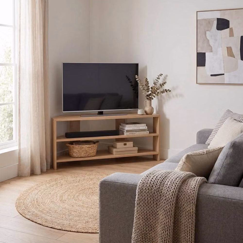 VOGREX Modern Oak Corner TV Unit with Two Tier Shelving in Beige, W/D/H: 45 x 36 x 110 cm – 3