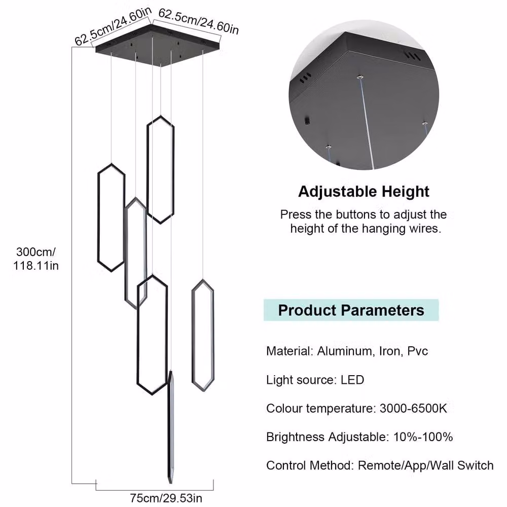 NIVOR 6 Cluster LED Dimmable Modern Chandelier in Black, Height Adjustable Pendant Light for High Ceilings and Staircases – 2