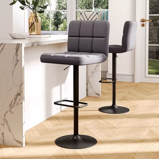 Livingandhome Set of 2 Modern Grey Velvet Upholstered Bar Stools with Matt Metal Legs
