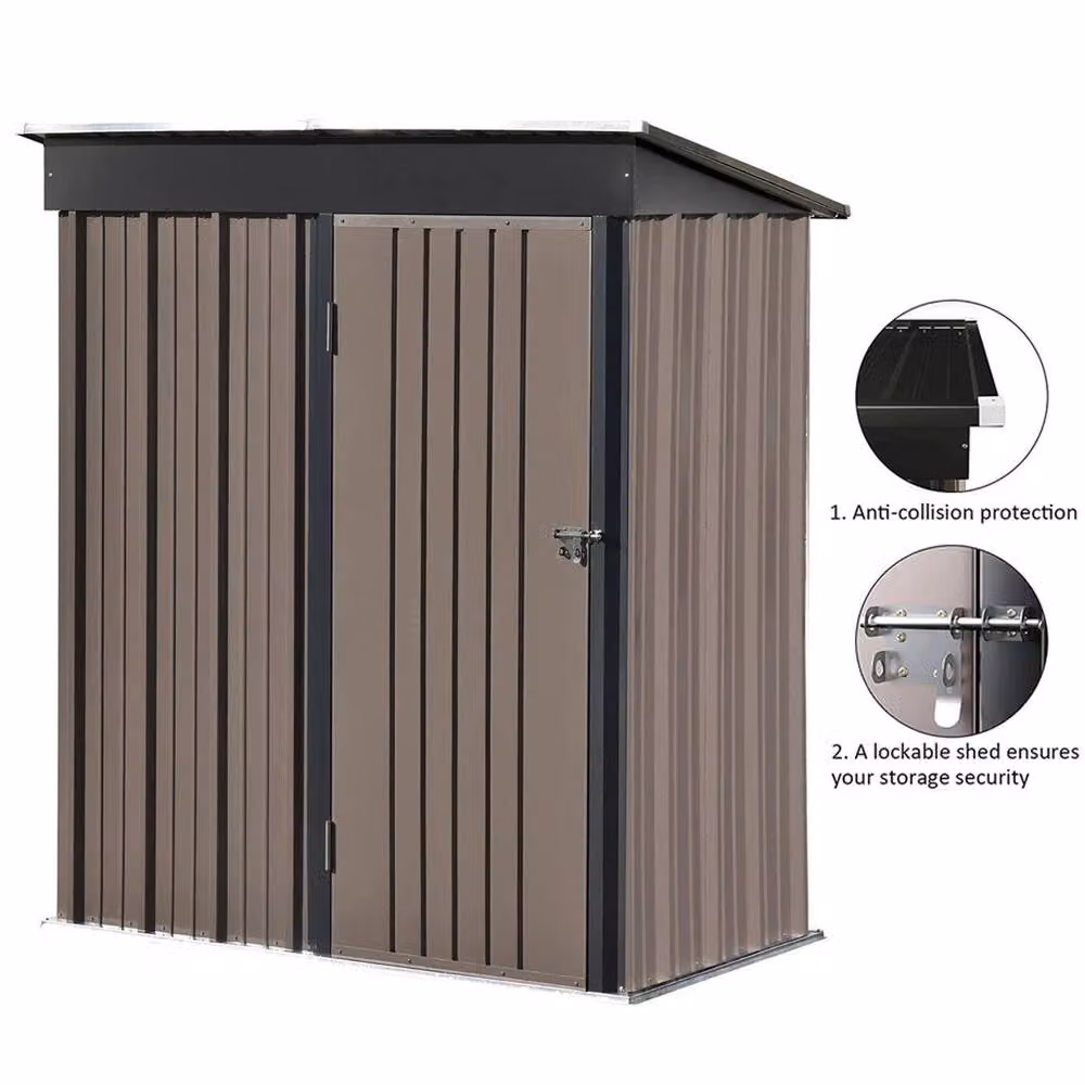 FLAVORA Brown Metal Garden Storage Shed with Double Doors and Gable Roof – 3