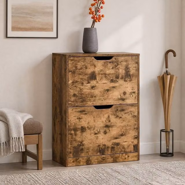 STILVORA Rustic Brown Shoe Cabinet with 2 Tilting Compartments and Push-to-Open Doors, H: 81.0 cm, W: 62.5 cm, D: 26.0 cm
