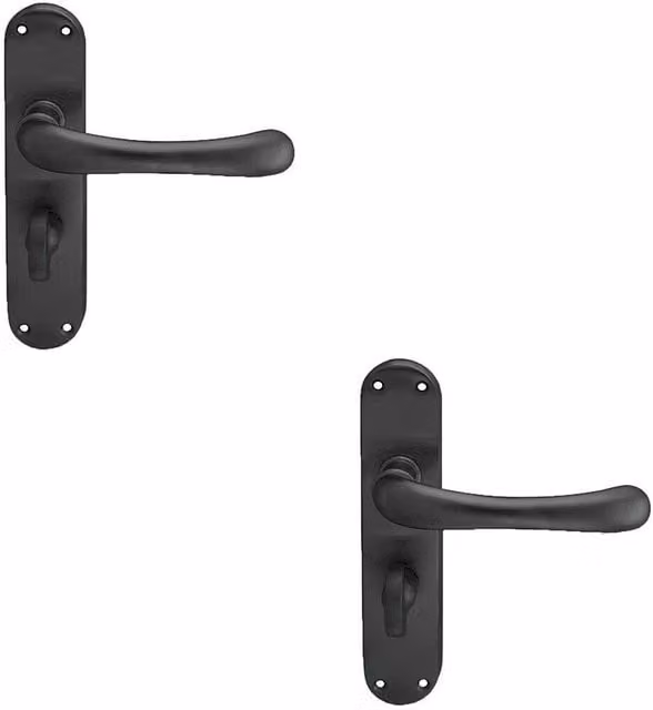 Loops 2x Pair Smooth Rounded Lever Bathroom Handles with Shaped Backplate, Matt Black, W: 18.5 cm, H: 4.0 cm, D: 1.85 cm – 1