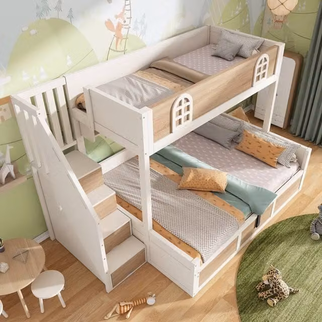 Merax Single over Double Kids Bunk Bed with Hydraulic Storage and Staircase in White and Beige – 1