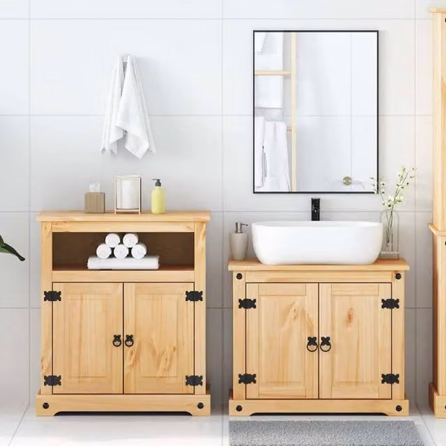 Berkfield Home Corona 2 Piece Bathroom Furniture Set in Beige Waxed Solid Pine
