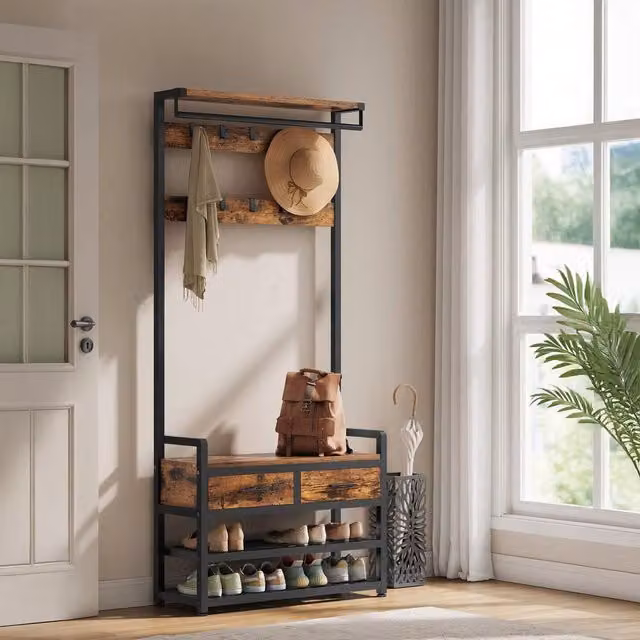VASAGLE Industrial Hall Tree with Bench and Storage in Bronze and Brown