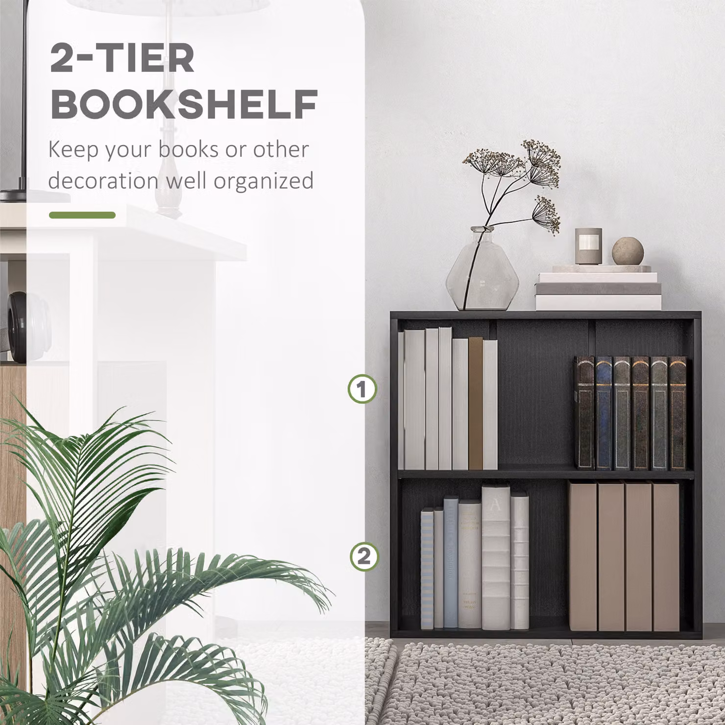 HOMCOM 2 Tier Low Bookcase with Adjustable Shelves in Black – 5