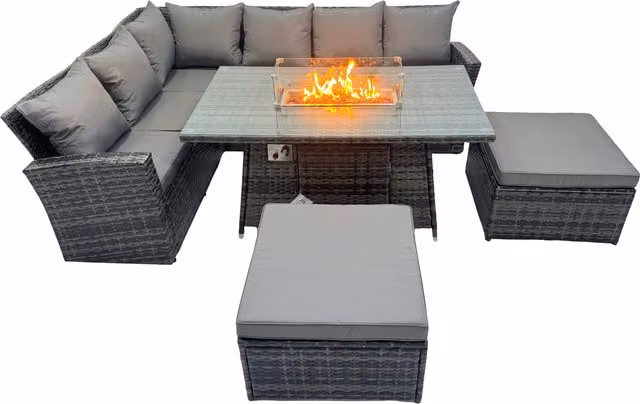 Fimous Poly Rattan Outdoor Patio Gas Firepit Table Sofa Set with 2 Big Stools in Dark Grey