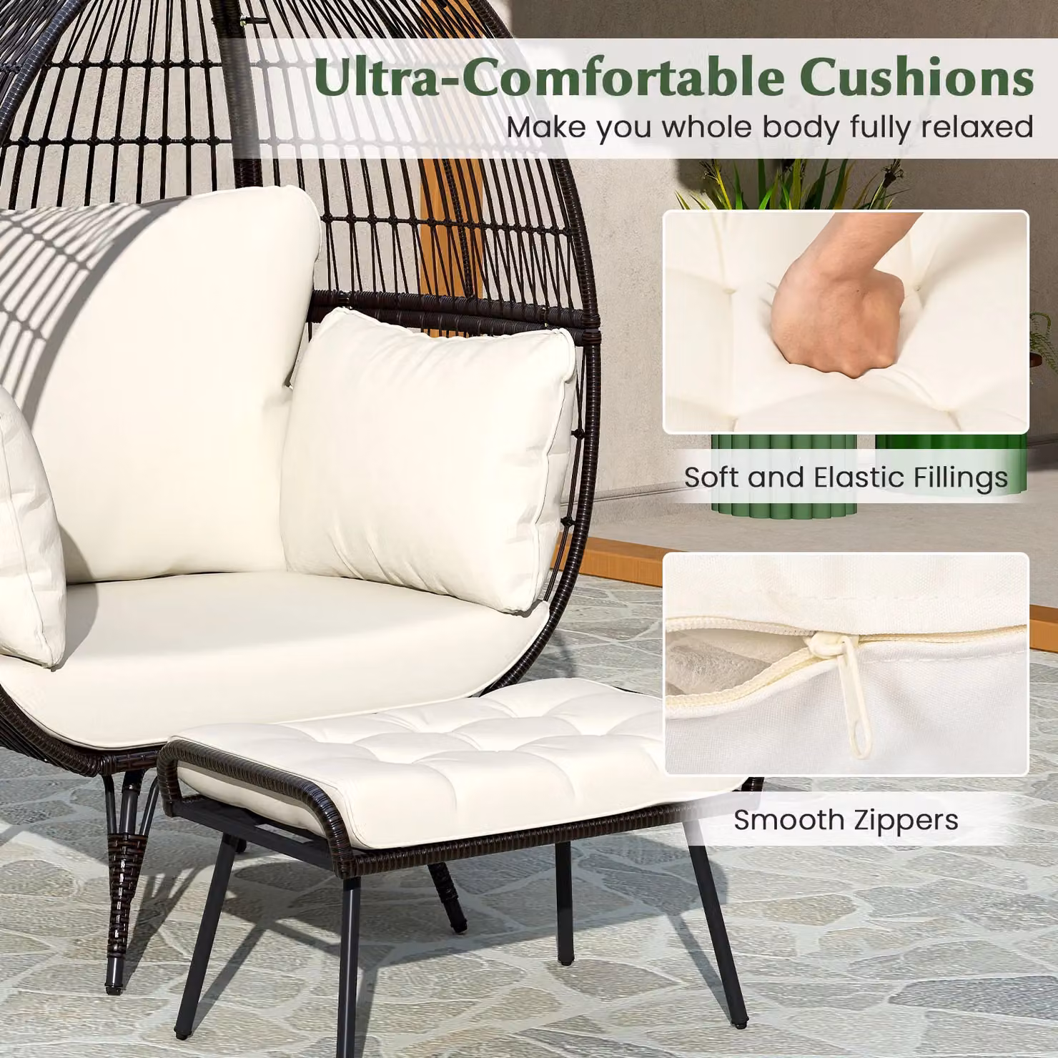 Gymax Oversized Egg Chair and Ottoman Set with Cushions in White – 5