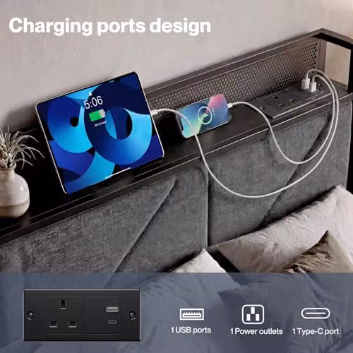 Levede Upholstered Floating Double Bed Frame with LED Under-Bed Lighting, USB Charging Ports and Side Compartments, Grey, W/D/H: 140 x 190 cm – 4