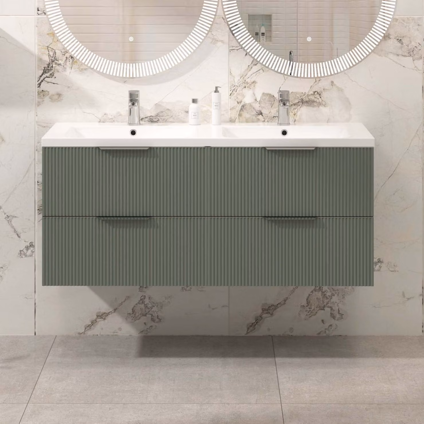 Royal Bathrooms Evora 1200mm Sage Green Fluted Wall Hung Vanity Unit with 4 Drawers and Ceramic Basin