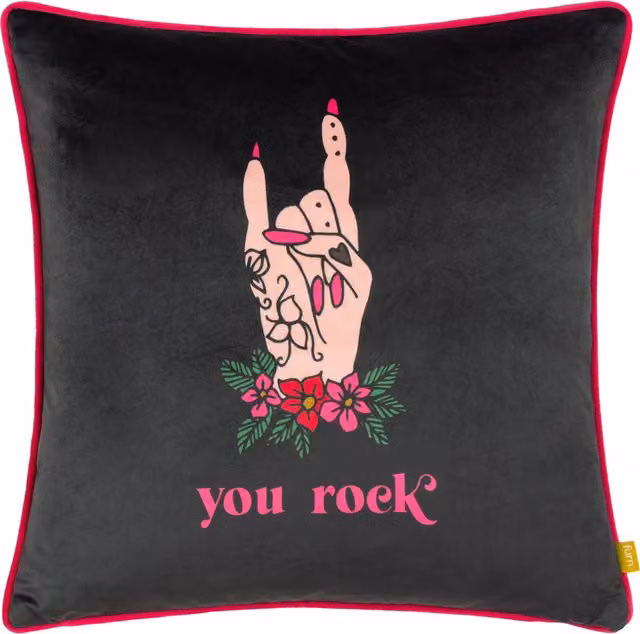 Inked You Rock Piped Velvet Floral Cushion in Black and Pink with Feather Filling