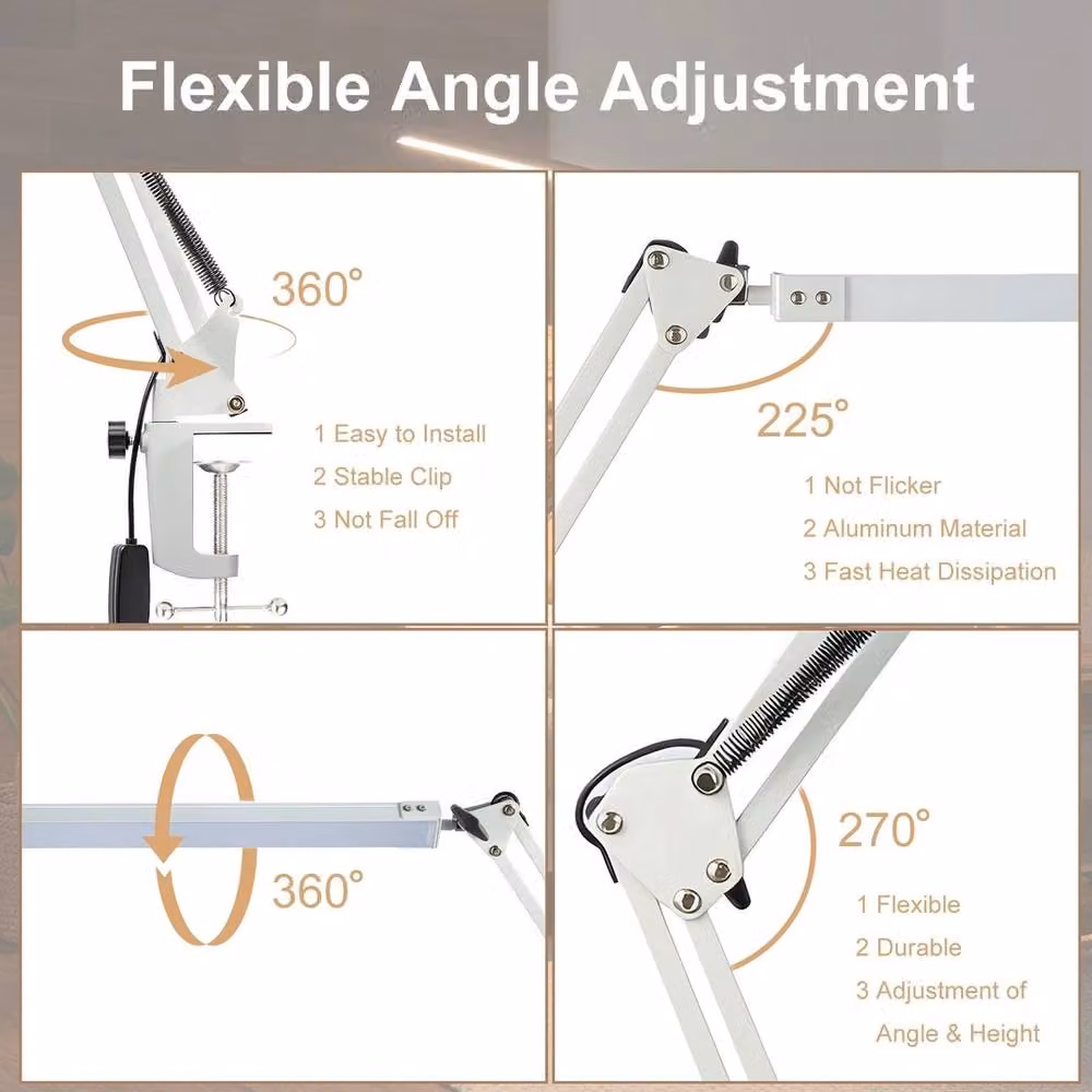 VOGREX 12W Clamp LED Desk Lamp with 3 Colour Modes in White – 2