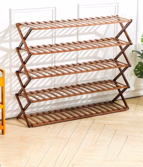 Living and Home 5 Tier Brown Bamboo Foldable Free Standing Shoe Rack and Plant Stand – 1