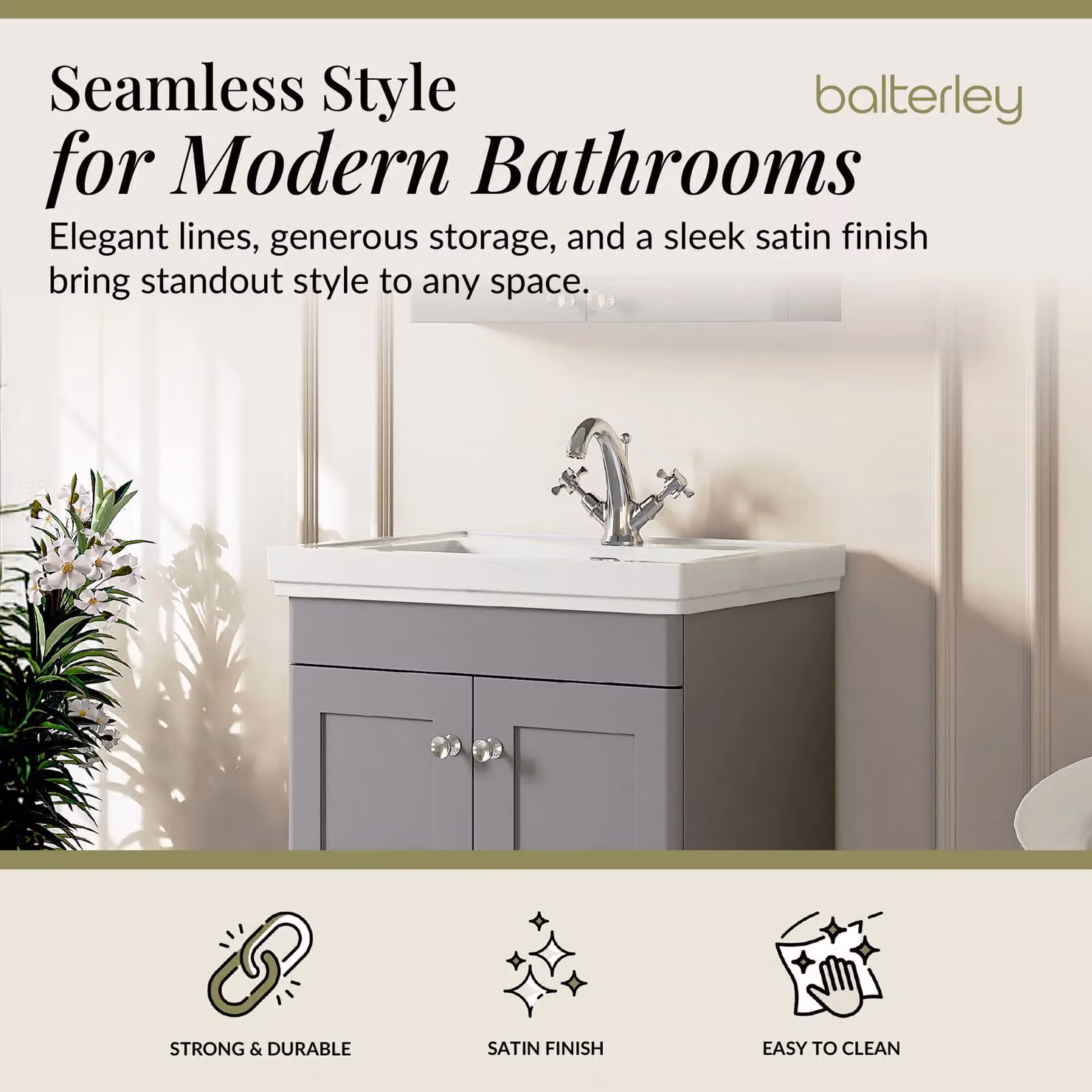 Balterley Grey 2-Door Freestanding Bathroom Floor Vanity Unit with Fireclay Basin, W: 60 cm, H: 86.5 cm – 2