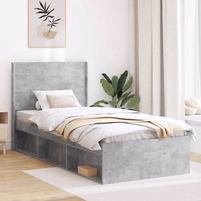 Berkfield Home Modern Bed Frame with Headboard and Side Compartment Storage, Grey, W/D/H: 90 x 190 cm