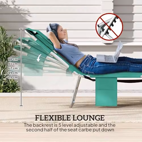 Outsunny Set of 2 Foldable Green Beach Chaise Loungers with Adjustable Headrests and Powder Coated Steel Frame – 4