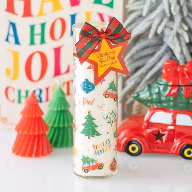 Uniqueful Nostalgic Christmas Print Christmas Pudding Scented Multicolour Tube Candle, Height: 15 cm