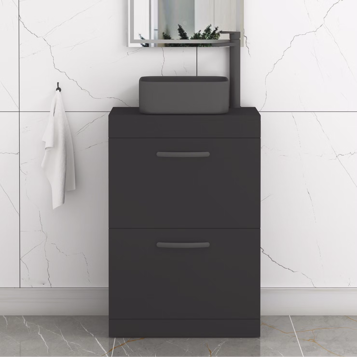 Royal Bathrooms Turin 800mm Floor Standing 2 Drawer Vanity Unit in Matt Black with Art Square Countertop Basin and Matt Black Handles