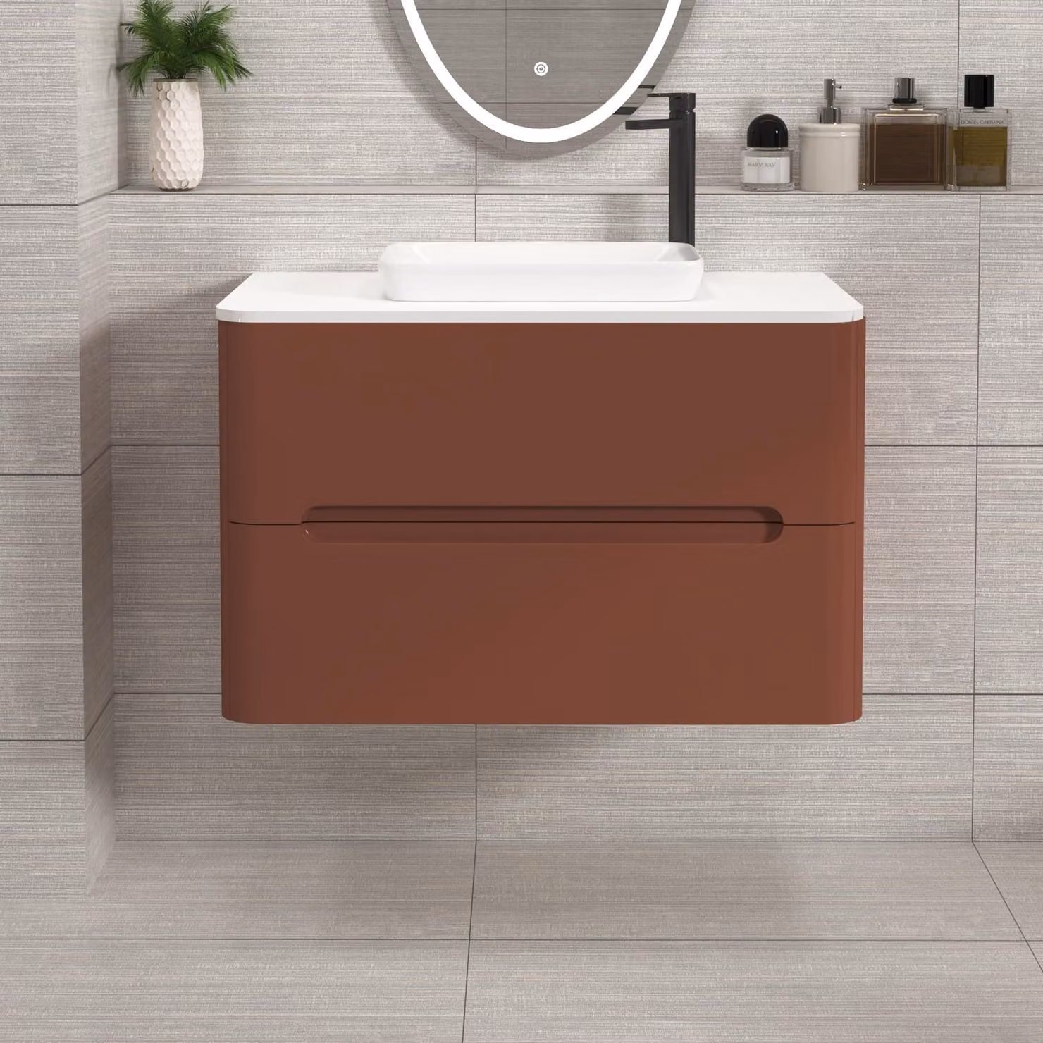 Royal Bathrooms Venice 800mm Terracotta Clay Wall Hung 2 Drawer Vanity Unit with Plain White Worktop and Qubix Basin