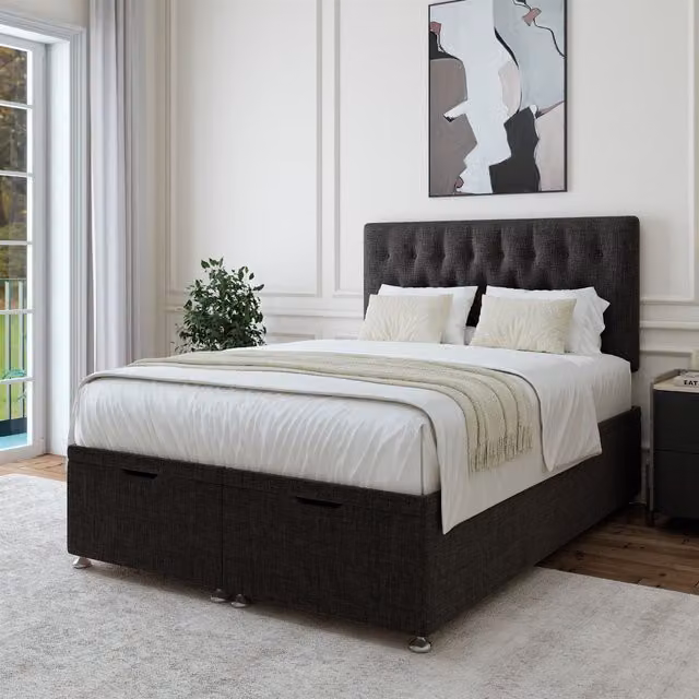 Bedmaster Linen Ottoman Divan Base and Button Headboard in Grey Anthracite, W/D/H: 180 x 200 cm – 1