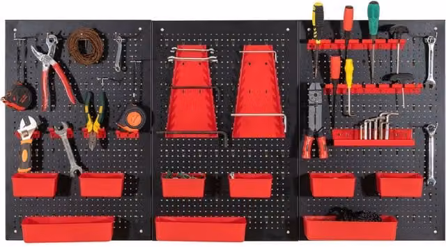 Costway Pegboard Wall Organizer with 9-Bin Parts Rack and Hammer Racks, Red, W/D/H: 120 x 64 x 60 cm
