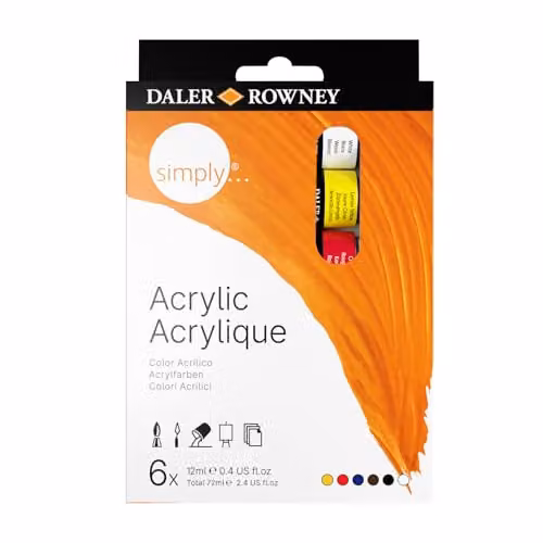 Daler-Rowney Simply Acrylic Paint Set with 6 Assorted Colours in 12 ml Aluminium Tubes