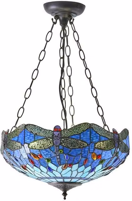 Loops Tiffany Glass Hanging Ceiling Pendant Light with Blue Dragonfly Design in Multicolour and Bronze – 1