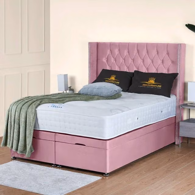 UK Bed Furniture Francesca End Lift Divan Ottoman Bed with 54 Inch Diamond Headboard in Pink Velvet, Size: Double (W/D: 140 x 200 cm) – 1