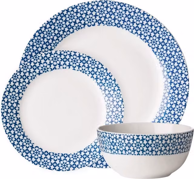 Orsina Casablanca 12 Piece Blue and White Geometric Porcelain Dinner Set