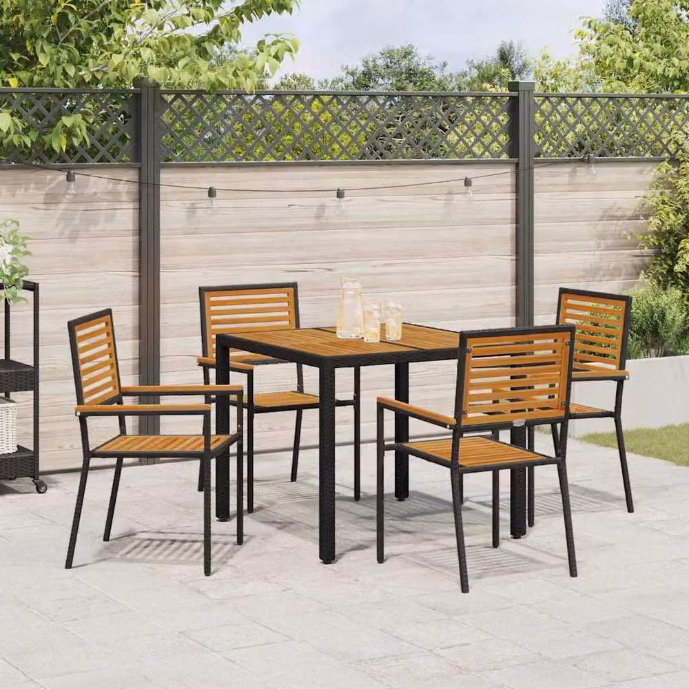 Berkfield Home Modern 5 Piece Black Poly Rattan and Acacia Wood Garden Dining Set – 3