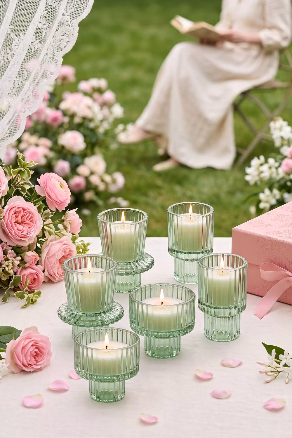 Living and Home Set of 6 Round Green Glass Candle Holders for Pillar, Taper and Tealight Candles – 3