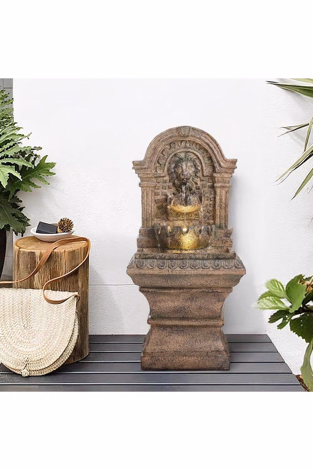 H&O Direct Lion Head Solar-Powered Water Fountain in White and Brown Stone – 2