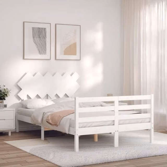Berkfield Home White Double Bed Frame with Headboard in Solid Pine Wood, W/D/H: 140 x 200 cm