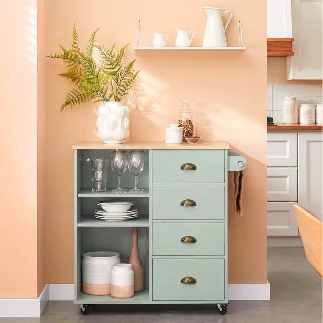 SoBuy Scandinavian Kitchen Trolley with 4 Drawers in Green Matt Wood and MDF