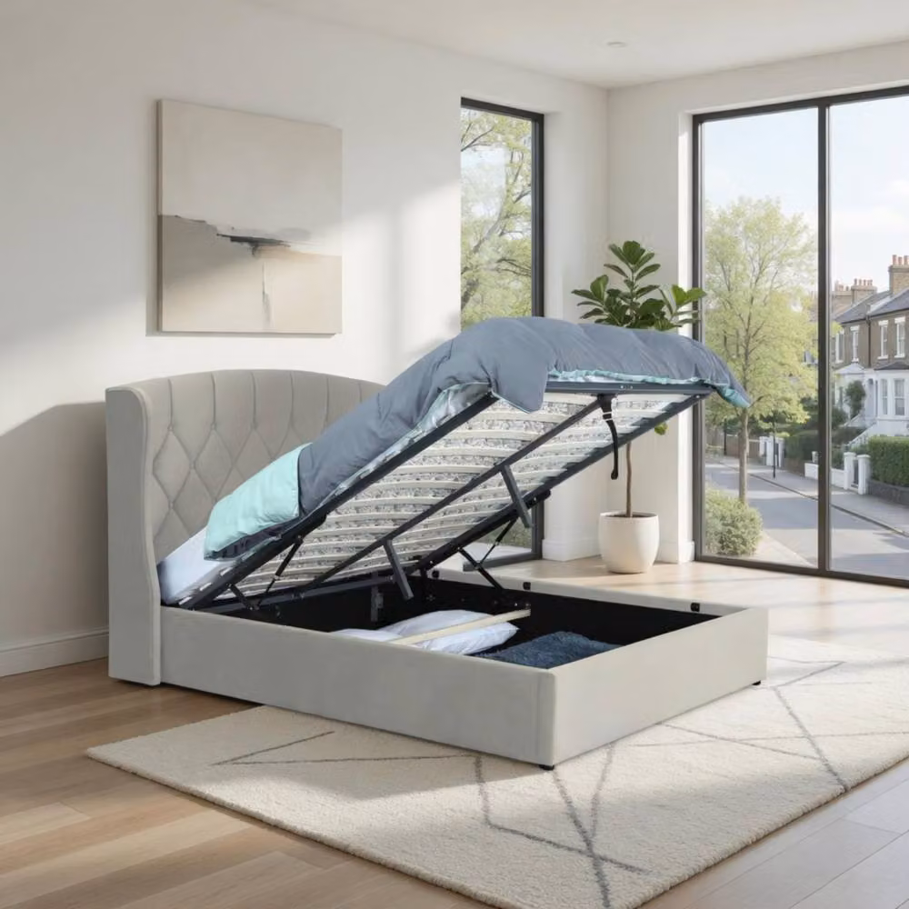 KDMD Mayfair Double Ottoman Bed Frame in Light Grey with LED Lighting, W/D/H: 140 x 200 x 171 cm – 3