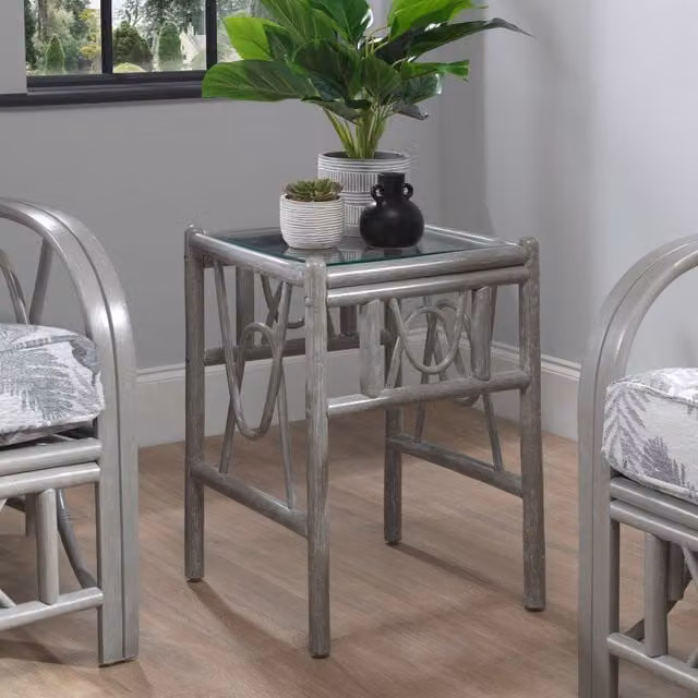 Bali Grey Cane Side Table with Glass Top and Rattan Design