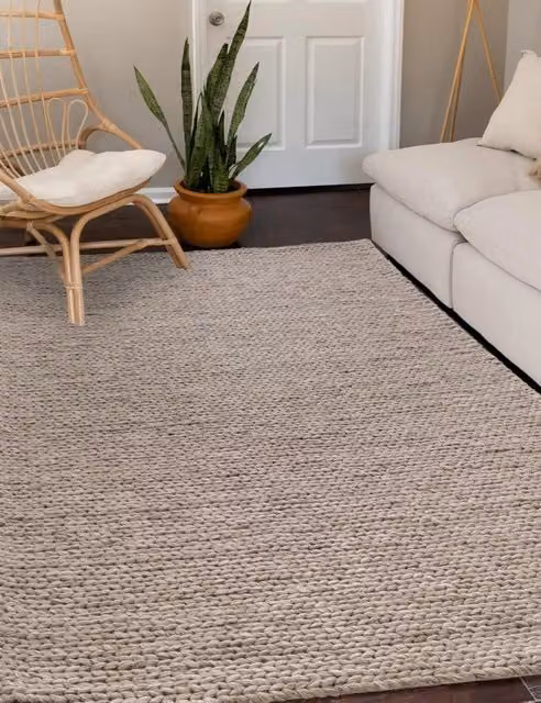 Asiatic Wool Rich Braided Rectangular Rug in Beige and Sand