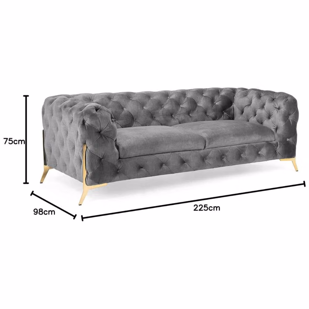 Stratus Interiors Modern Italian Chesterfield 3 Seater Sofa in Grey Plush Velvet, W: 195 cm, D: 63.5 cm, H: 63.5 cm – 2