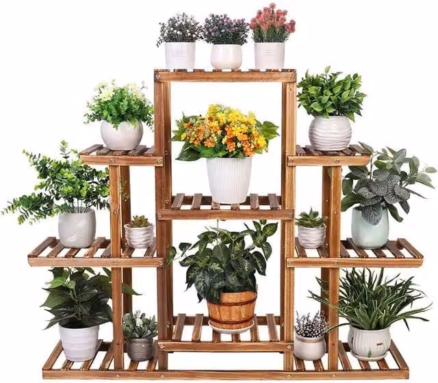 Havendro Rustic Brown Carbonised Pine Wood Flower Rack for Garden, Balcony or Kitchen, H 96.5 x W 25.0 x D 25.0 cm