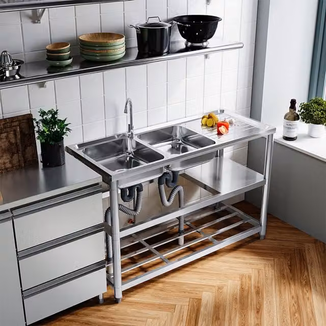 Livingandhome Stainless Steel Kitchen Sink with Shelves and Drainboard, Silver, Width: 120 cm