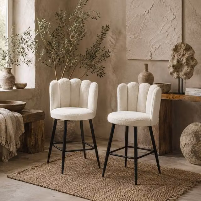 Wyld Haus Ettine Scallop Boucle Bar Stools Set of 2 in Cream and Beige with Stainless Steel Base – 1