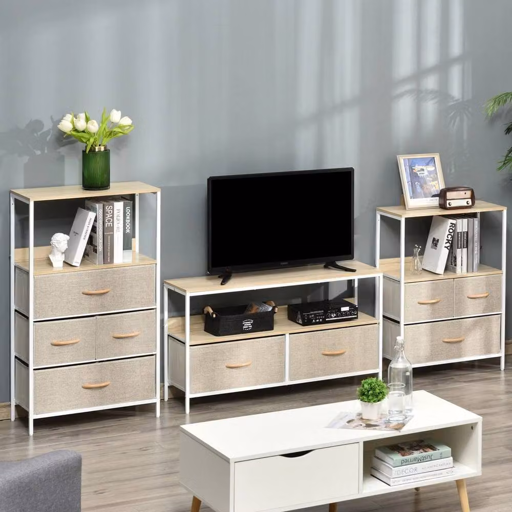 VOGREX Maple Industrial TV Console with 2 Foldable Linen Drawers in Beige, W/D/H: 98 x 29 x 56 cm – 4