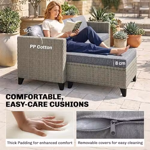 Outsunny 5-Piece L-Shape Rattan Garden Furniture Set in Grey with Ottoman, Coffee Table and Upholstered Cushions – 4