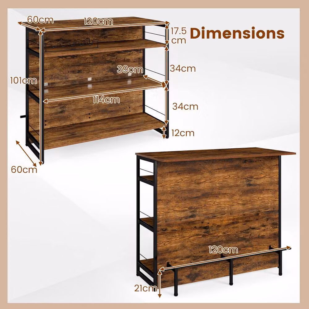 Costway 2-in-1 Industrial Home Bar Unit and Wine Cabinet with 4 Shelves and 4-Row Glass Holders in Brown – 2