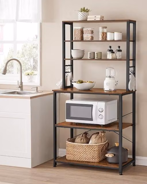 VASAGLE Kitchen Baker's Rack with 6 Adjustable Shelves and 6 Hooks in Brown