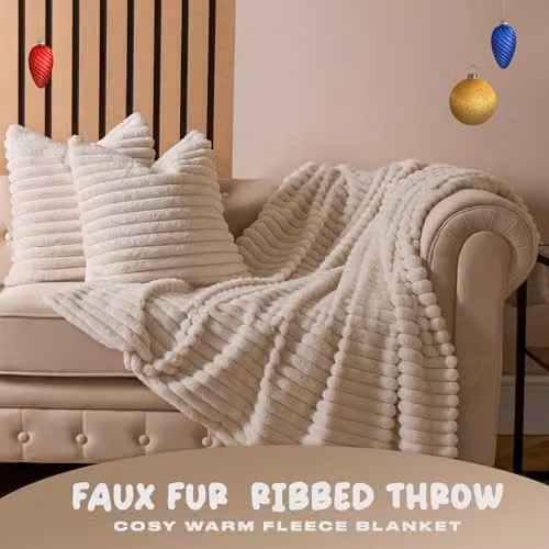 OHS Faux Fur Ribbed Fleece Throw Blanket in Beige, W/D/H: 125 x 150 cm – 2