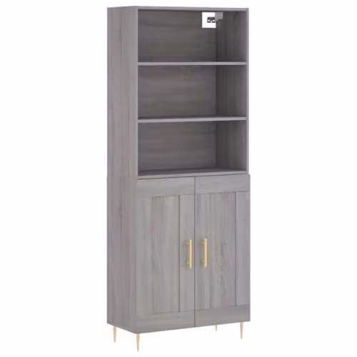 vidaXL Grey Sonoma Highboard with Hinged Doors and Internal Shelves, W/D/H: 69.5 x 34 x 180 cm