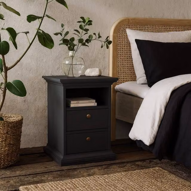 Wyld Haus Osaka Farmhouse Bedside Table in Grey with 2 Drawers, W/D/H: 40.0 x 43.6 x 58.8 cm